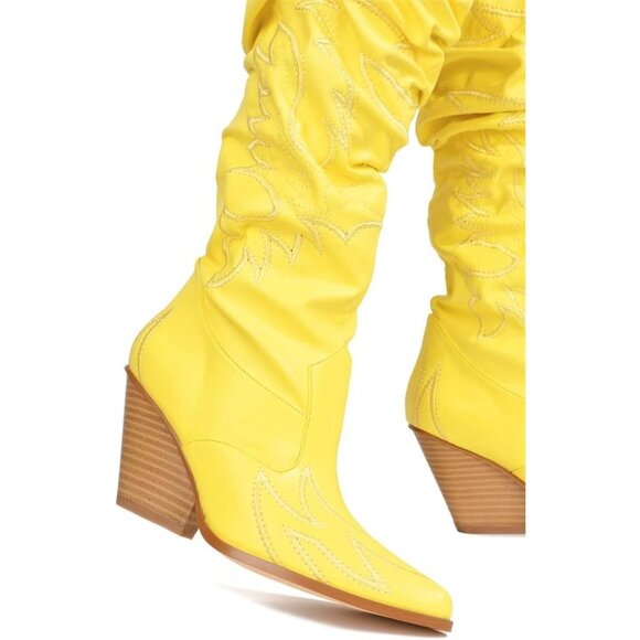 Women Yellow Fabric Thigh High Over The Knee Pointed Toe Chunky Heel Boot - Picture 2 of 3